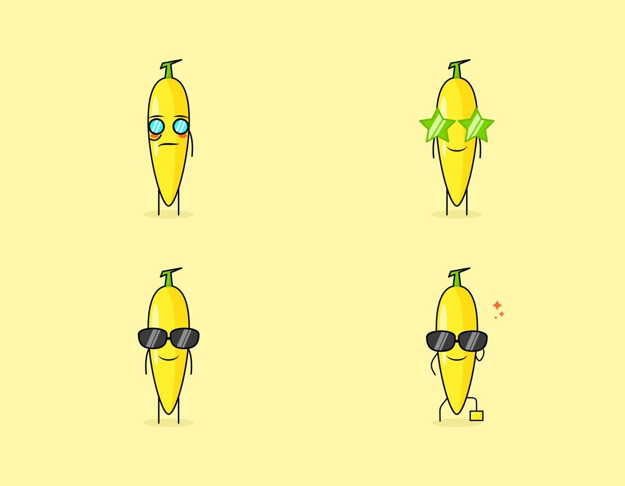 set di simpatico personaggio dei cartoni animati di banana con espressione seria, sorriso e occhiali. adatto per emoticon, logo, simbolo e mascotte vettore