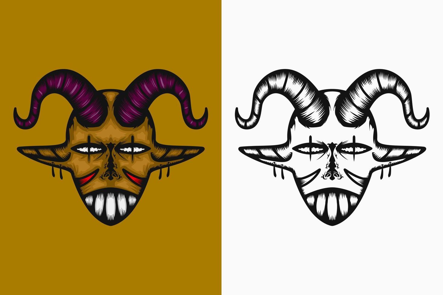 cranio diavolo con corna e orecchie lunghe. colore, stile dettagliato e line art. adatto per mascotte, logo, simboli e t-shirt vettore