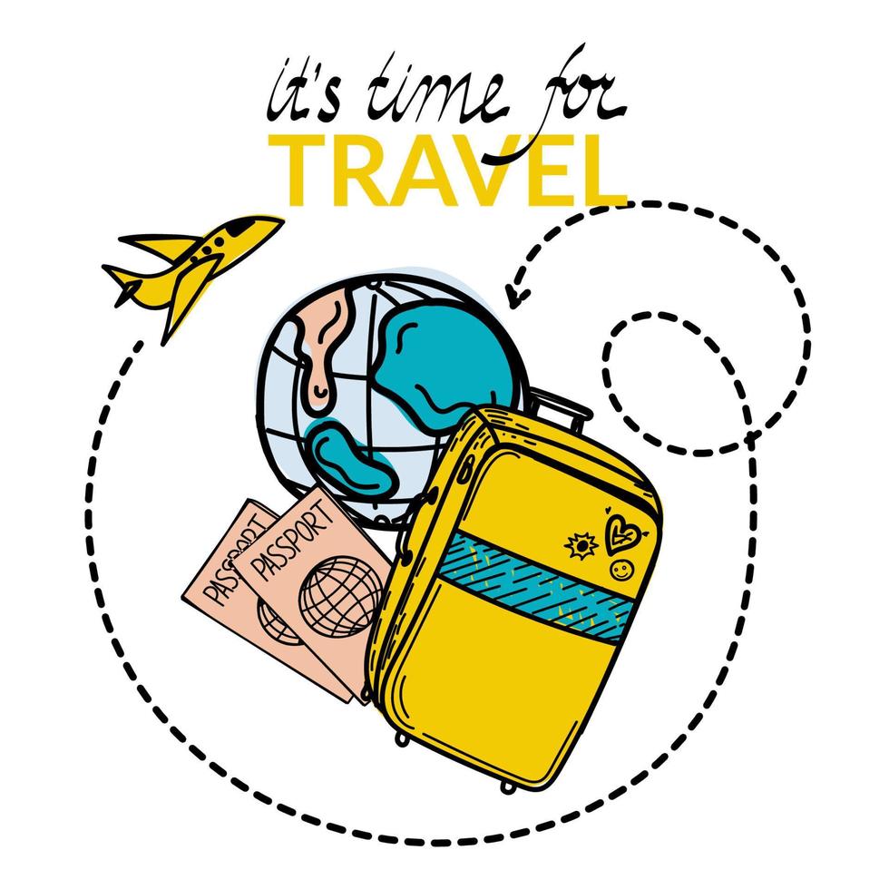 tempo di viaggiare. intestazione motivazionale. banner di viaggio con valigia cartone animato, passaporti e bagagli. aereo in volo intorno alla terra. illustrazione vettoriale in design piatto. viaggio in famiglia