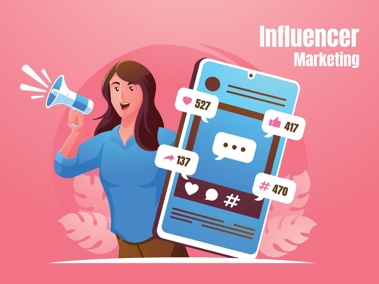 una donna che urla con il megafono e il concetto di marketing dell'influencer dello smartphone vettore