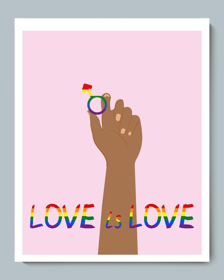 mano nera con simbolo lgbt di genere arcobaleno e iscrizione doole texture amore è amore vettore
