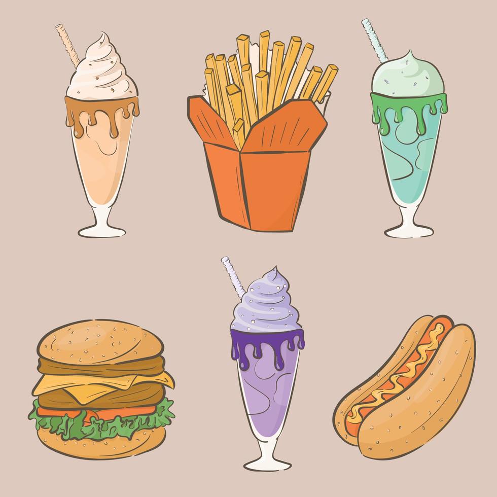 set di adesivi doodle di fast food, milkshake, hamburger, hot dog, patatine fritte. vettore
