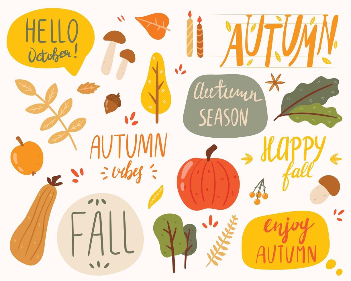 illustrazione vettoriale di un doodle set di adesivi sul tema dell'autunno. iscrizioni e oggetti della natura. decorazioni autunnali.