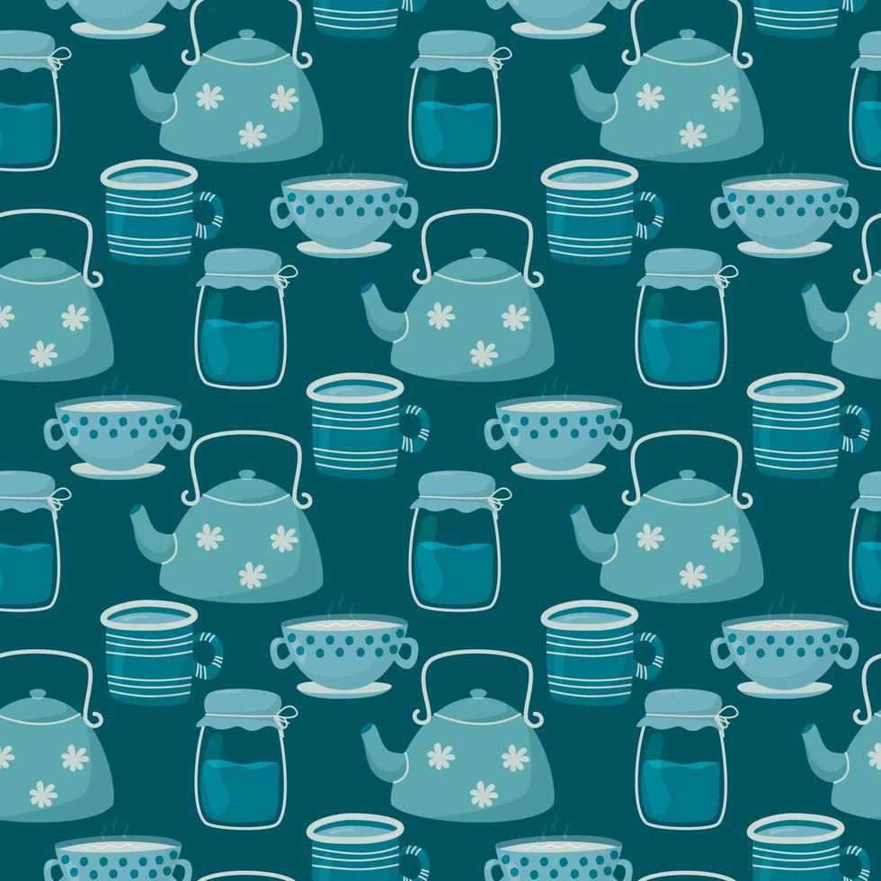 illustrazione vettoriale modello senza cuciture. simpatiche tazze da tè e caffè doodle, teiera e barattolo di vetro. decorazione di sfondo in colori blu freddi.