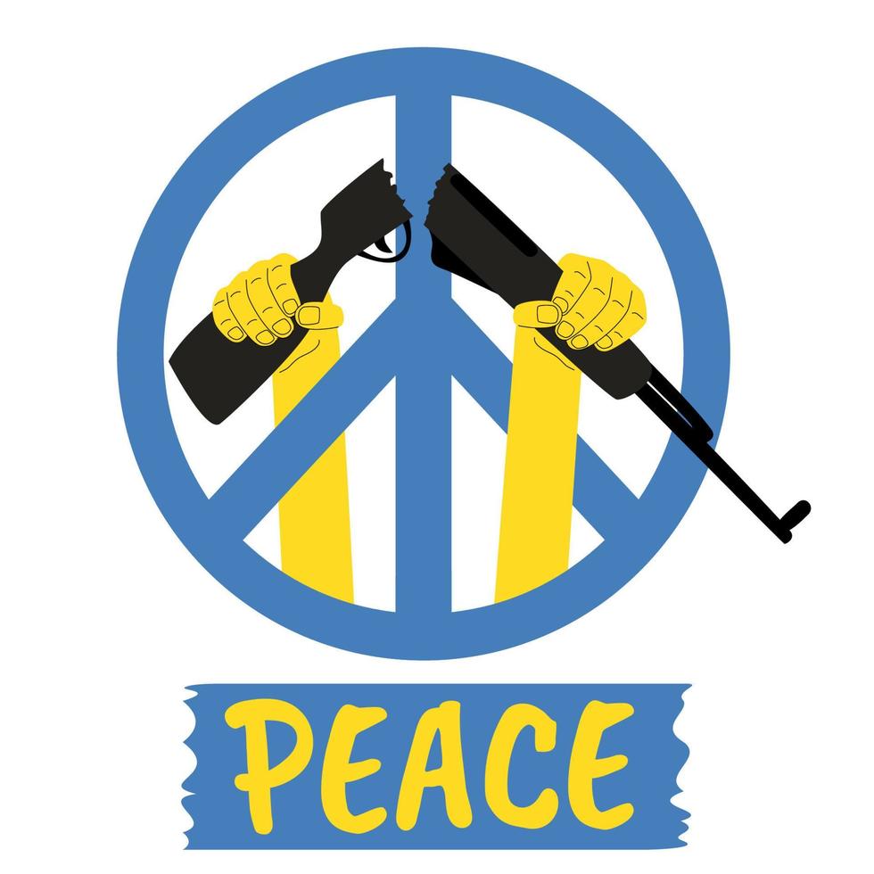 sceneggiatura e segno del concetto di pace, fucile rotto dalle mani colori blu e giallo, nessun poster di guerra, illustrazione vettoriale banner