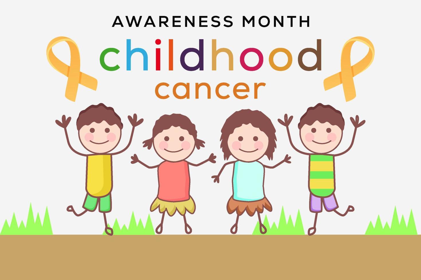 illustrazione disegnata a mano del mese di consapevolezza del cancro dell'infanzia con i bambini e il nastro vettore