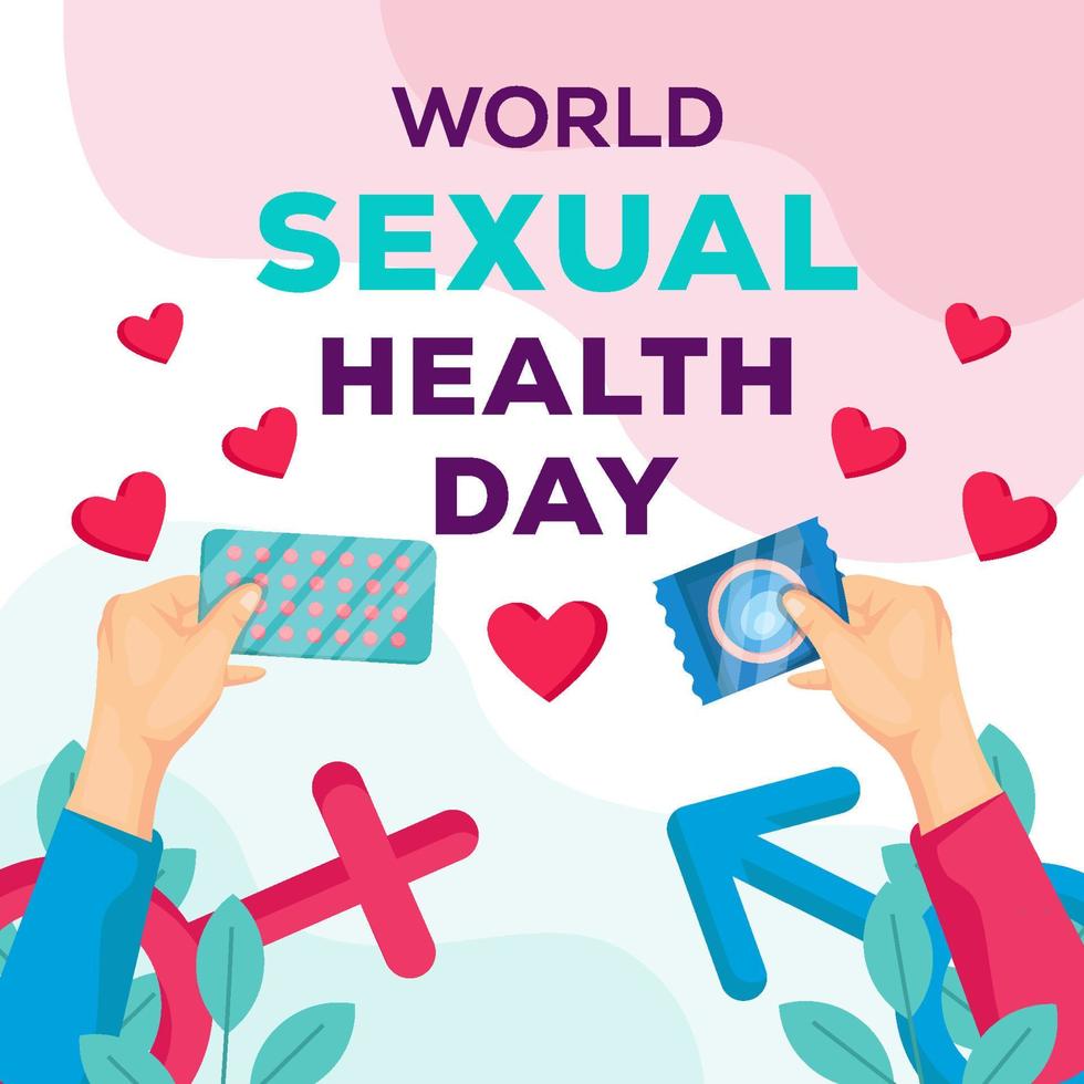 illustrazione della giornata mondiale della salute sessuale con due mani che tengono preservativo e pillola contraccettiva vettore