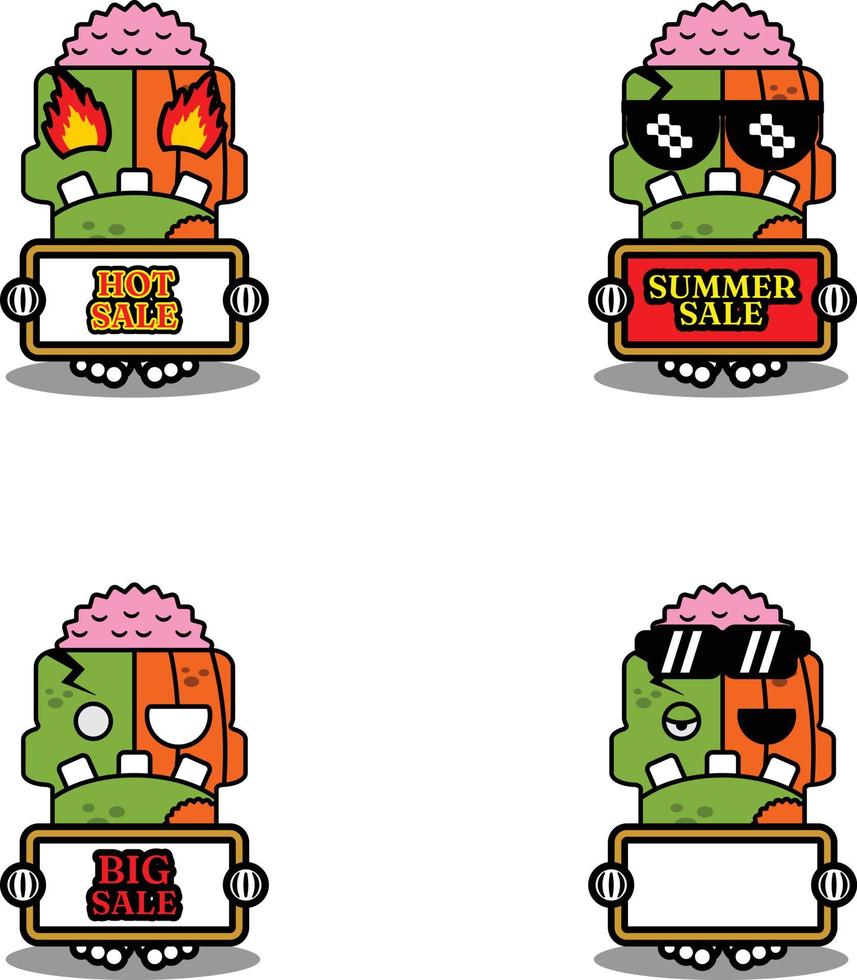 personaggio dei cartoni animati costume illustrazione vettoriale zucca zombie mascotte tenendo la scheda di vendita estiva