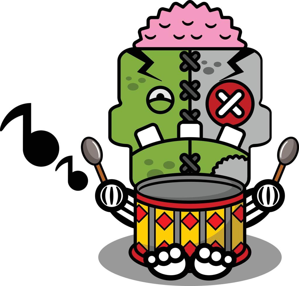 personaggio dei cartoni animati costume illustrazione vettoriale carino bambola zombie mascotte che suona il tamburo