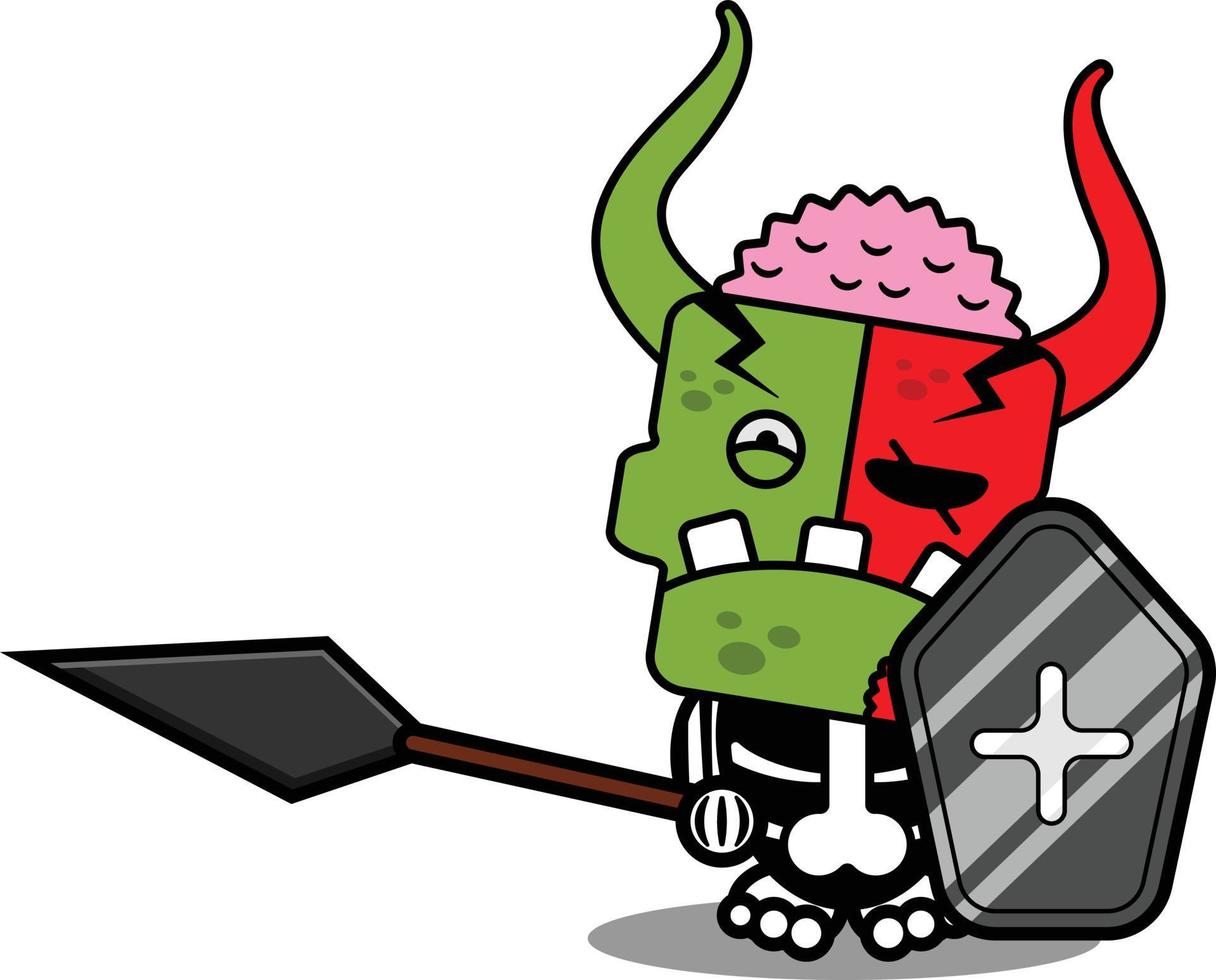 personaggio dei cartoni animati costume illustrazione vettoriale carino zombie demone mascotte con lancia e scudo