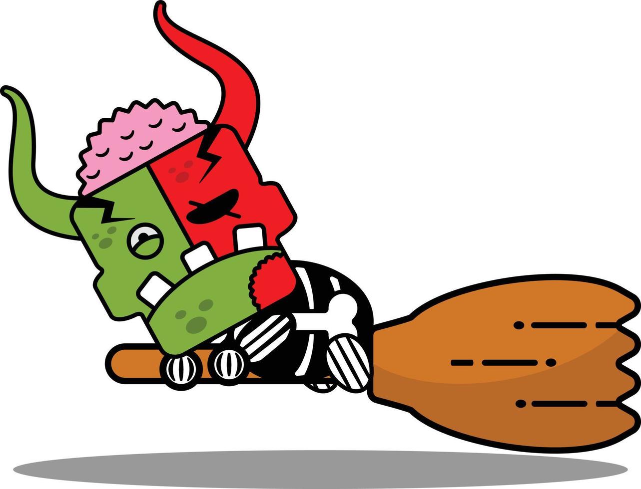 personaggio dei cartoni animati costume illustrazione vettoriale carino zombie demone mascotte in sella a un manico di scopa