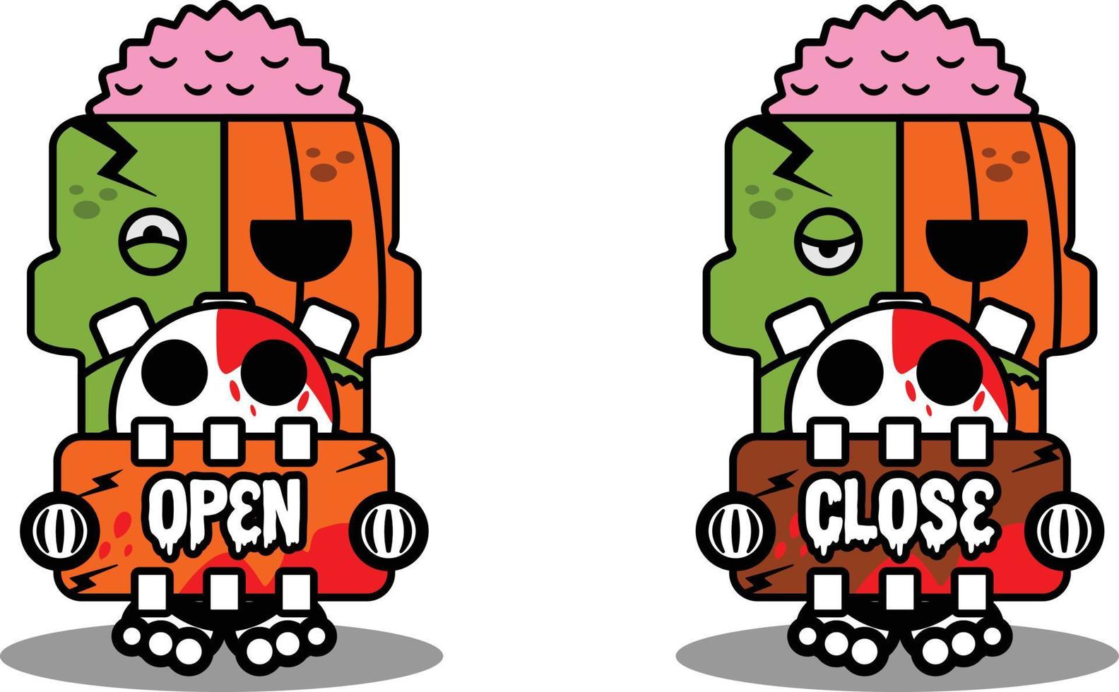 personaggio dei cartoni animati costume illustrazione vettoriale zucca zombie mascotte tenendo aperto e chiudendo la scheda