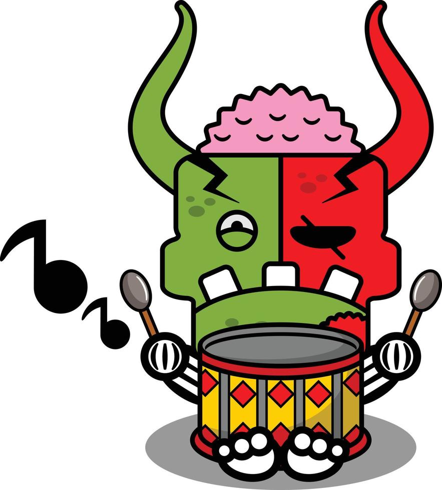 personaggio dei cartoni animati costume illustrazione vettoriale carino zombie demone mascotte che suona il tamburo