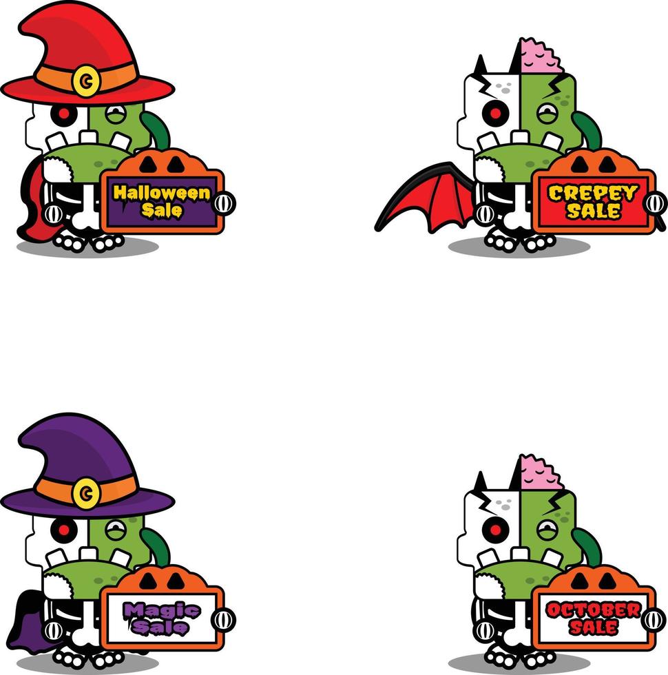 personaggio dei cartoni animati costume illustrazione vettoriale vendita di halloween osso di zombie mascotte set bundle