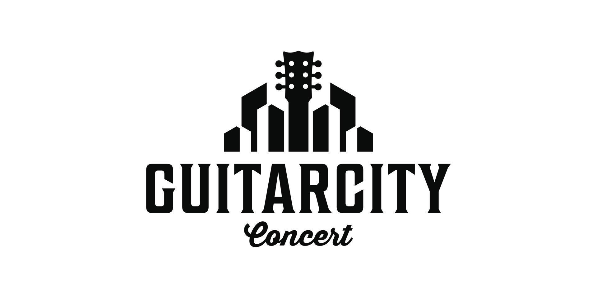 chitarra città edificio ispirazione per il design del logo retrò vintage vettore