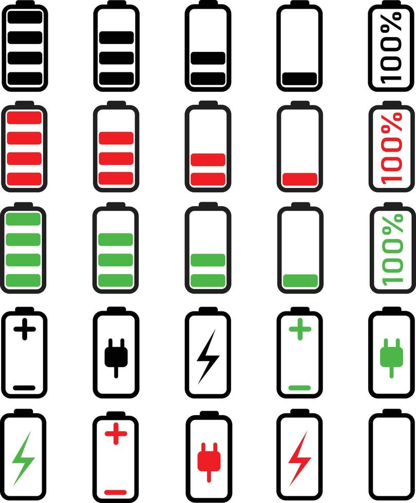 segno di energia della batteria. icona degli indicatori della batteria. impostare il simbolo del logo della batteria. vettore