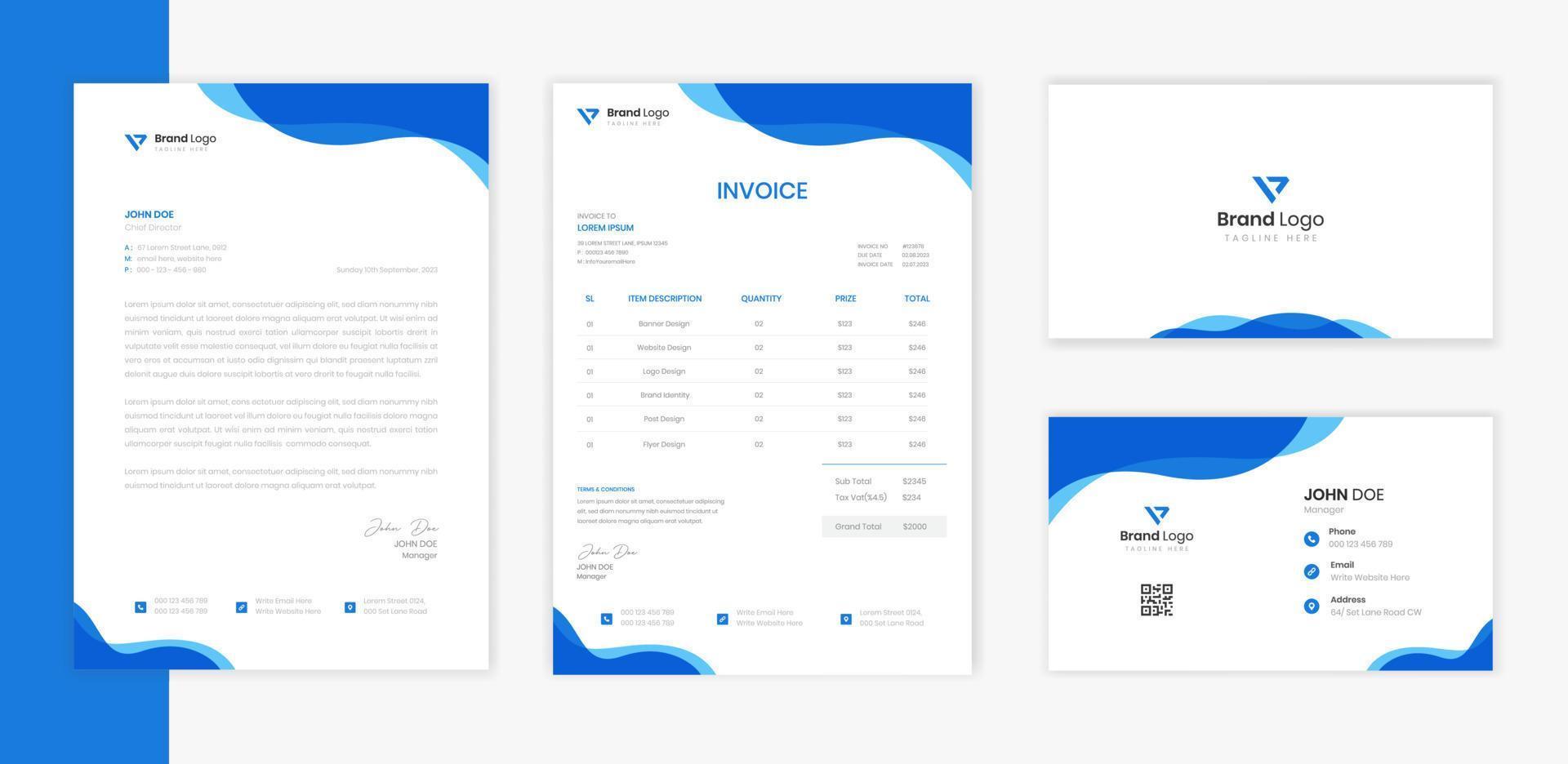 modello di progettazione di cancelleria aziendale blu, carta intestata aziendale, layout della fattura e vettore di biglietti da visita