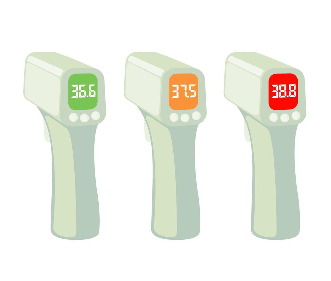 l'insieme delle icone del termometro a infrarossi senza contatto in stile piano isolato su priorità bassa bianca mostra la temperatura. illustrazione vettoriale. vettore