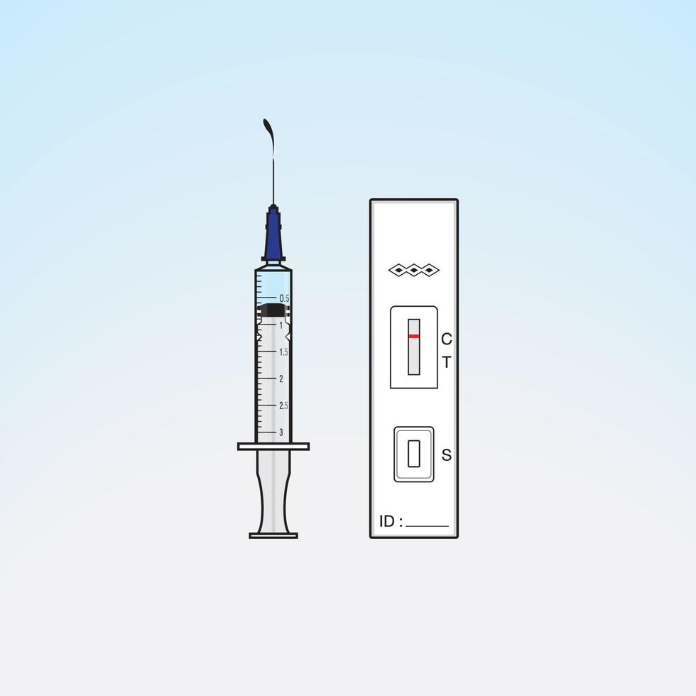 illustrazione di una siringa e kit per analisi del sangue atk su uno sfondo di gradazione azzurro vettore