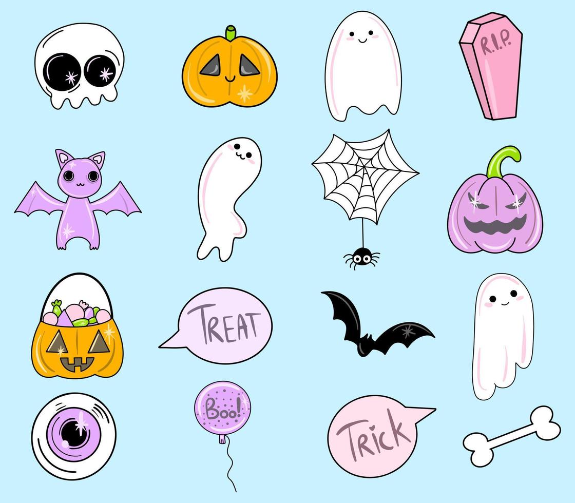 set di elementi singoli simbolo di halloween. simpatici adesivi in stile cartone animato. fantasma, teschio, zucca, ragno. vettore