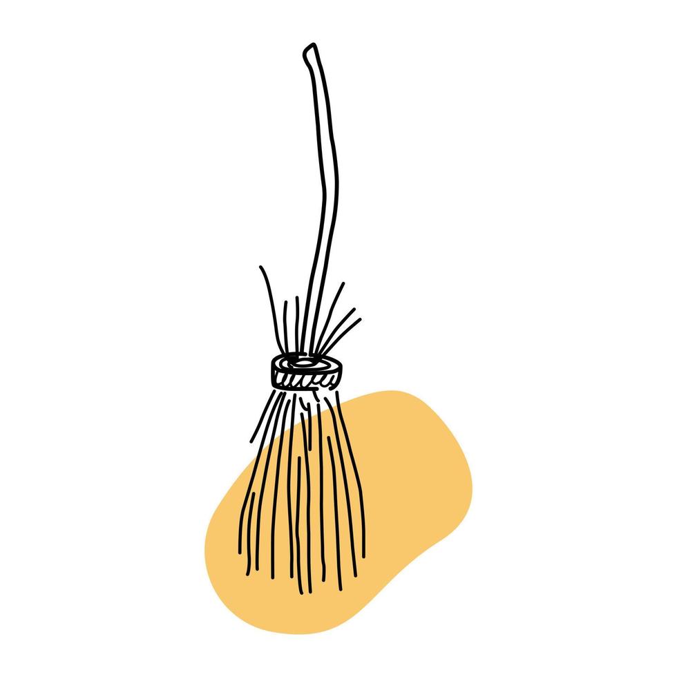 stile doodle di scopa disegnata a mano, illustrazione vettoriale isolata su sfondo bianco. strumento di pulizia o elemento decorativo per costume da strega, linee nere