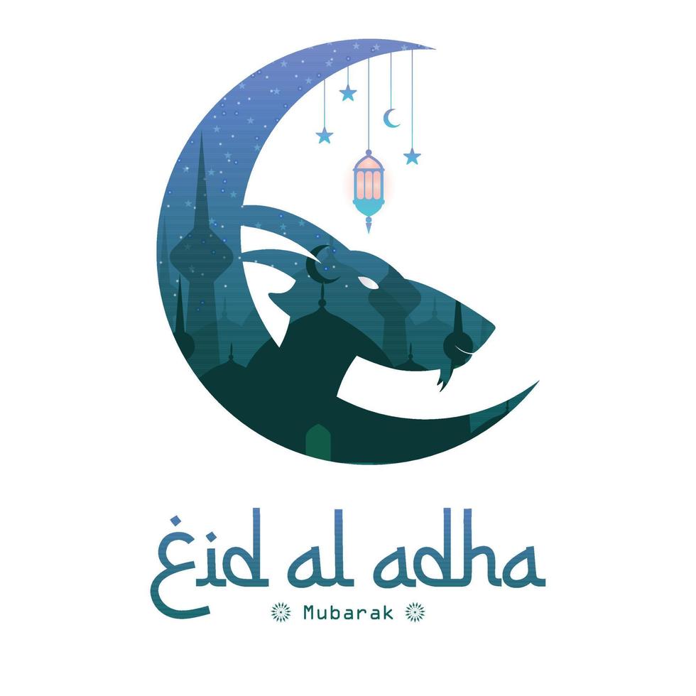 eid al-adha con testa di capra, moschea, stelle lunari e lanterne. adatto per banner, poster, brochure, modelli di brochure di vendita vettore