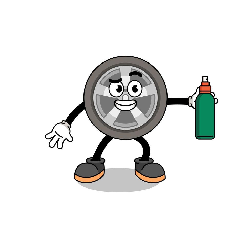 illustrazione della ruota dell'auto cartone animato che tiene un repellente per zanzare vettore