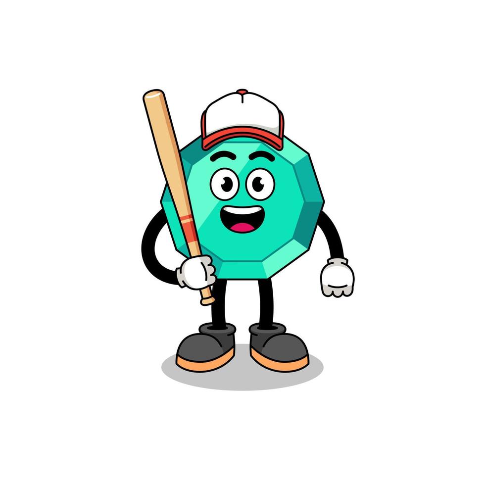 cartone animato della mascotte della pietra preziosa smeraldo come giocatore di baseball vettore