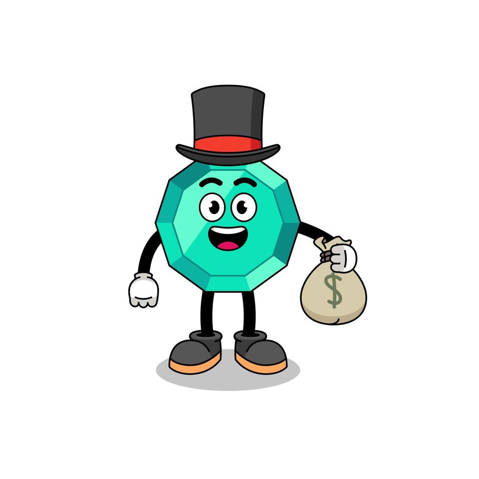 illustrazione della mascotte della pietra preziosa smeraldo uomo ricco che tiene un sacco di soldi vettore