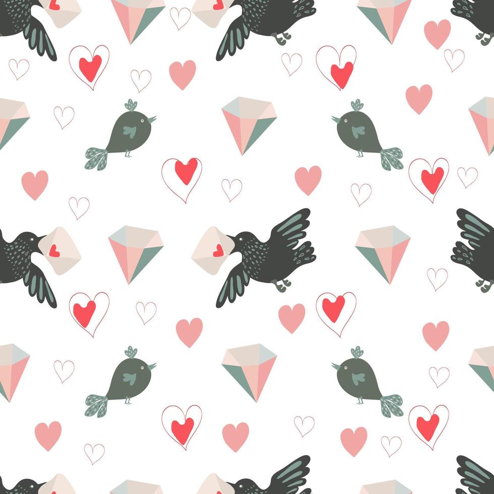 modello senza cuciture di San Valentino con cuori rosa e rossi, caramelle, amorini, diamanti e uccelli. illustrazione vettoriale. vettore