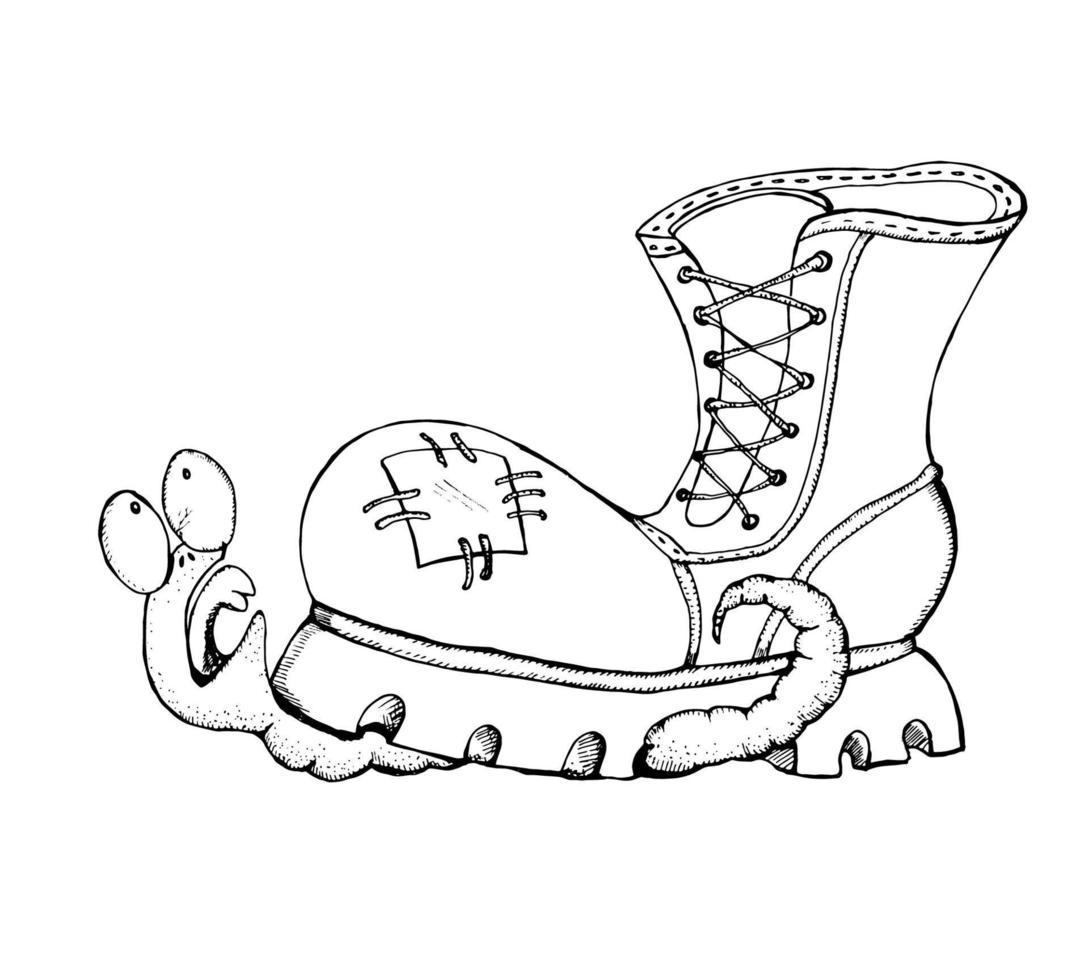 illustrazione vettoriale carino. un verme schiacciato da una scarpa. stile cartone animato disegnato a mano. schizzo. bianco e nero