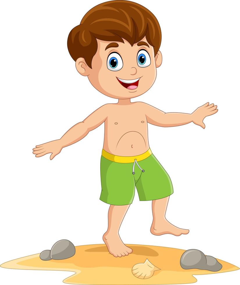 ragazzino felice del fumetto in costume da bagno sulla posa della spiaggia vettore