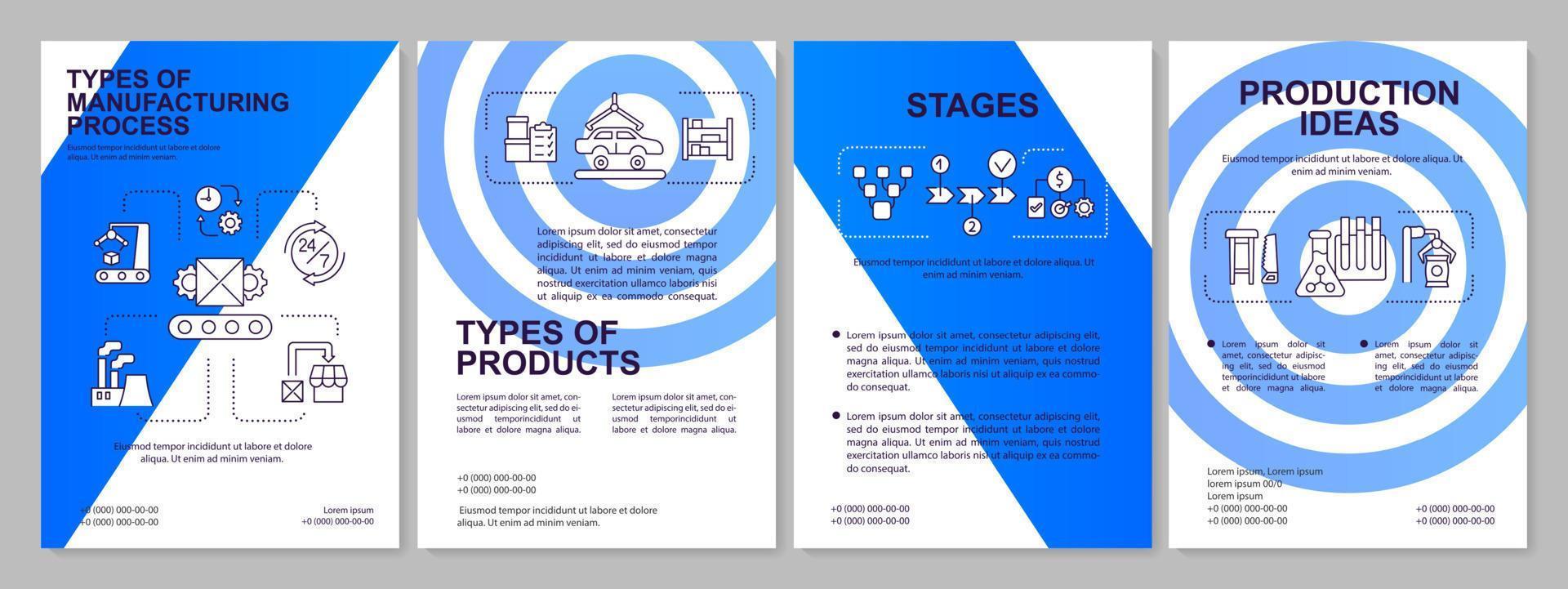 modello di brochure blu delle linee guida aziendali di produzione. produzione di beni. design volantino con icone lineari. 4 layout vettoriali per la presentazione, relazioni annuali.