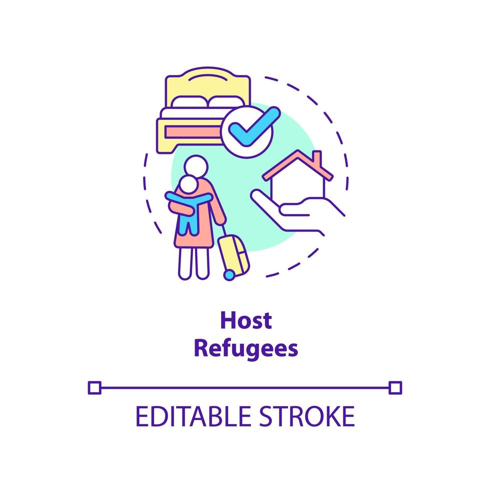 icona del concetto di rifugiato ospitante. fornire casa e stanza. aiutare i rifugiati idea astratta linea sottile illustrazione. disegno di contorno isolato. tratto modificabile. vettore