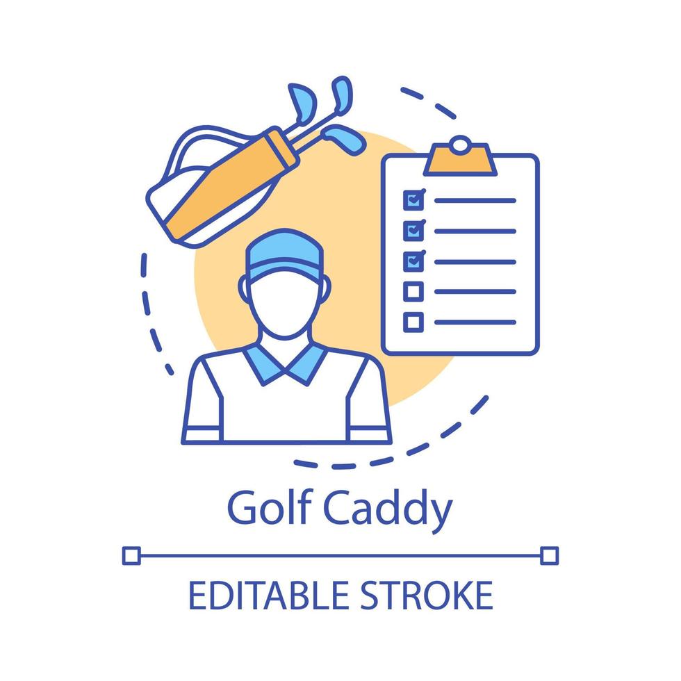 icona del concetto di caddy da golf. allenatore sportivo, illustrazione al tratto sottile dell'idea dell'allenatore. assistente del giocatore. personale dello stadio sul campo, personale. istruttore, lavoratore. disegno di contorno isolato vettoriale. tratto modificabile vettore