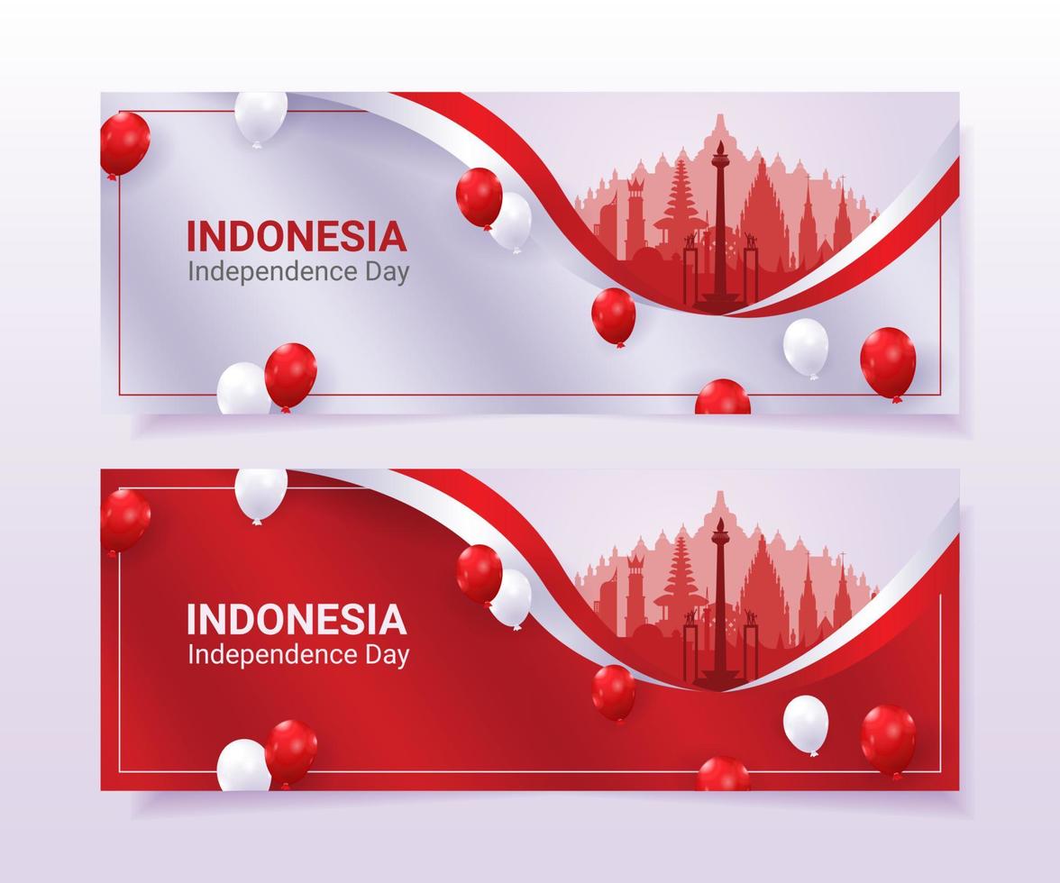 banner del giorno dell'indipendenza dell'indonesia decorato con bandiere e palloncini ondulati vettore