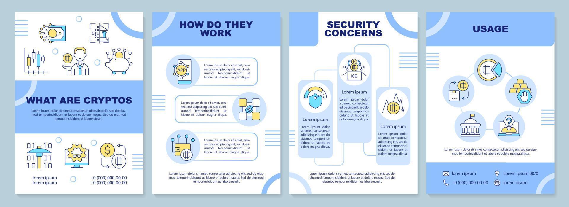 cosa sono i modelli di brochure blu di criptovalute. problemi di sicurezza. design volantino con icone lineari. 4 layout vettoriali per la presentazione, relazioni annuali