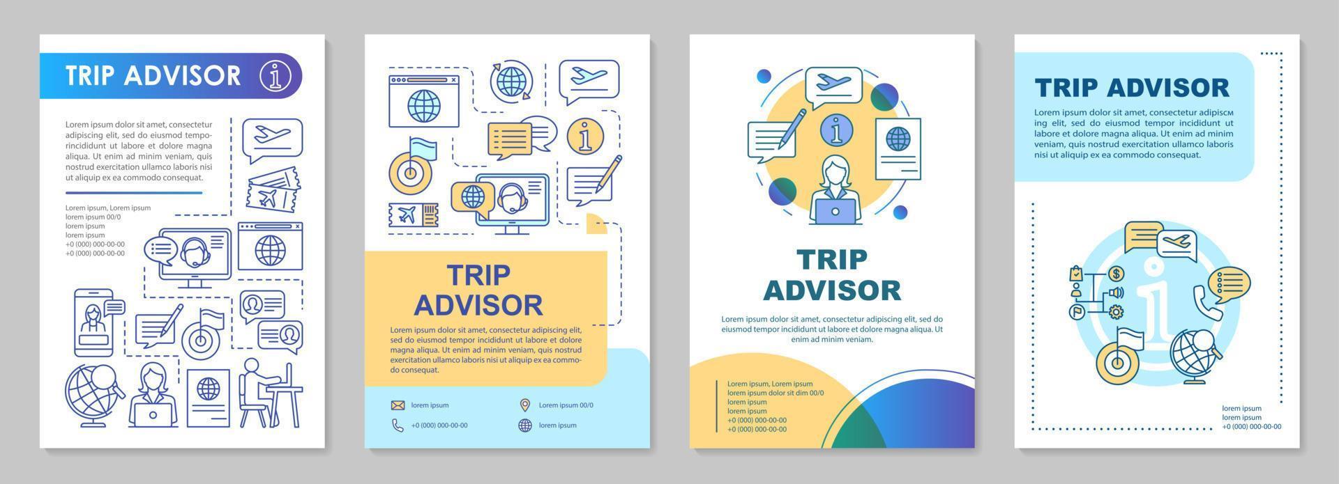 layout del modello di brochure di trip advisor. agenzia di viaggi. pianificazione del viaggio. volantino, opuscolo, design per la stampa di volantini, illustrazioni lineari. layout di pagina vettoriali per riviste, relazioni annuali, manifesti pubblicitari