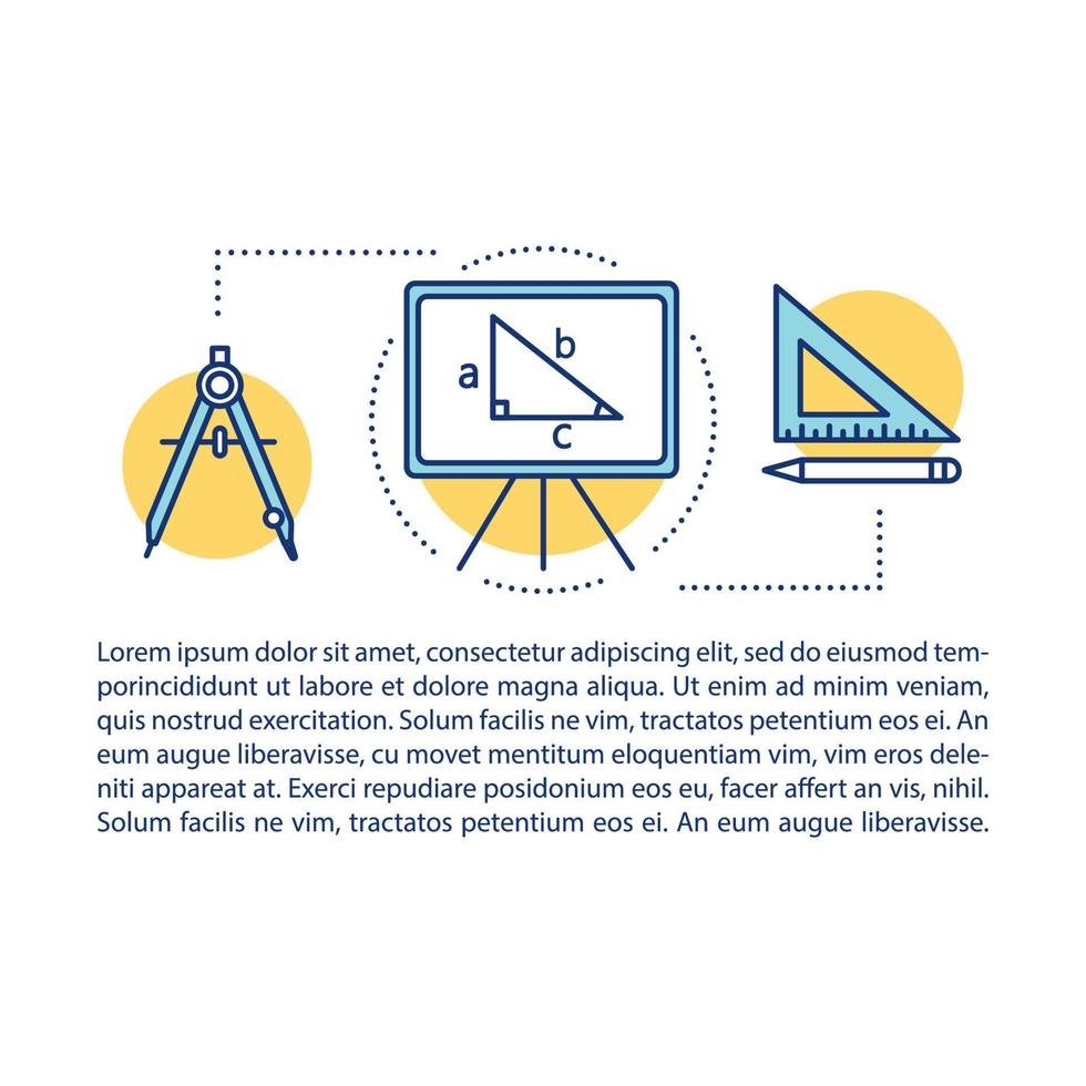 modello vettoriale della pagina dell'articolo della lezione di geometria. materia scolastica, matematica. brochure, elemento di design opuscolo con icone lineari e caselle di testo. disegno di stampa. illustrazioni concettuali con spazio di testo