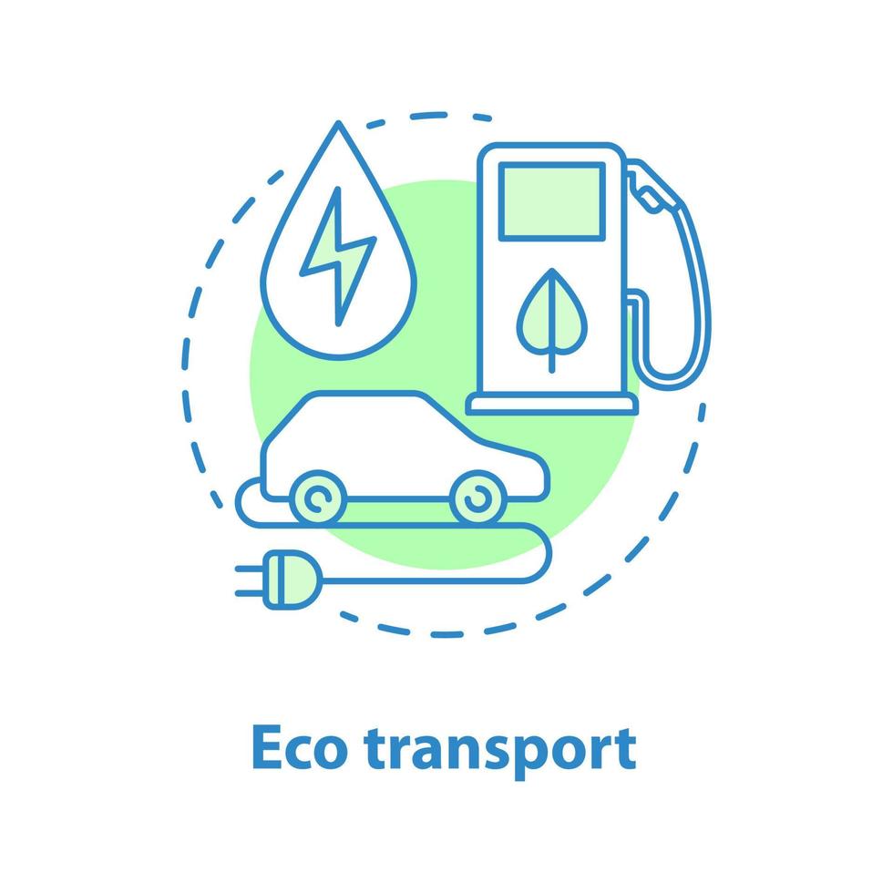 icona del concetto di trasporto eco. illustrazione al tratto sottile idea veicolo verde. trasporto ecologico. auto elettrica e biocarburante. disegno vettoriale isolato contorno
