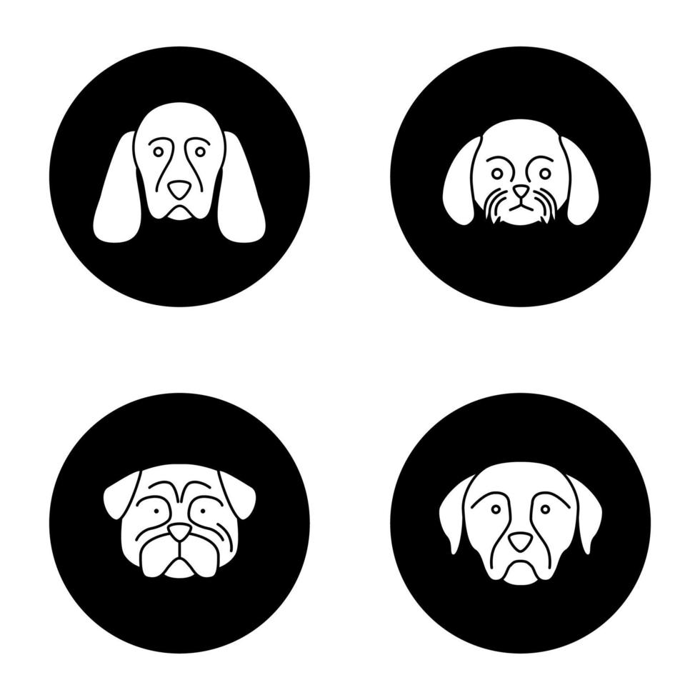 set di icone del glifo di razze di cani. cocker spaniel, shih tzu, carlino, rottweiler. illustrazioni di sagome bianche vettoriali in cerchi neri
