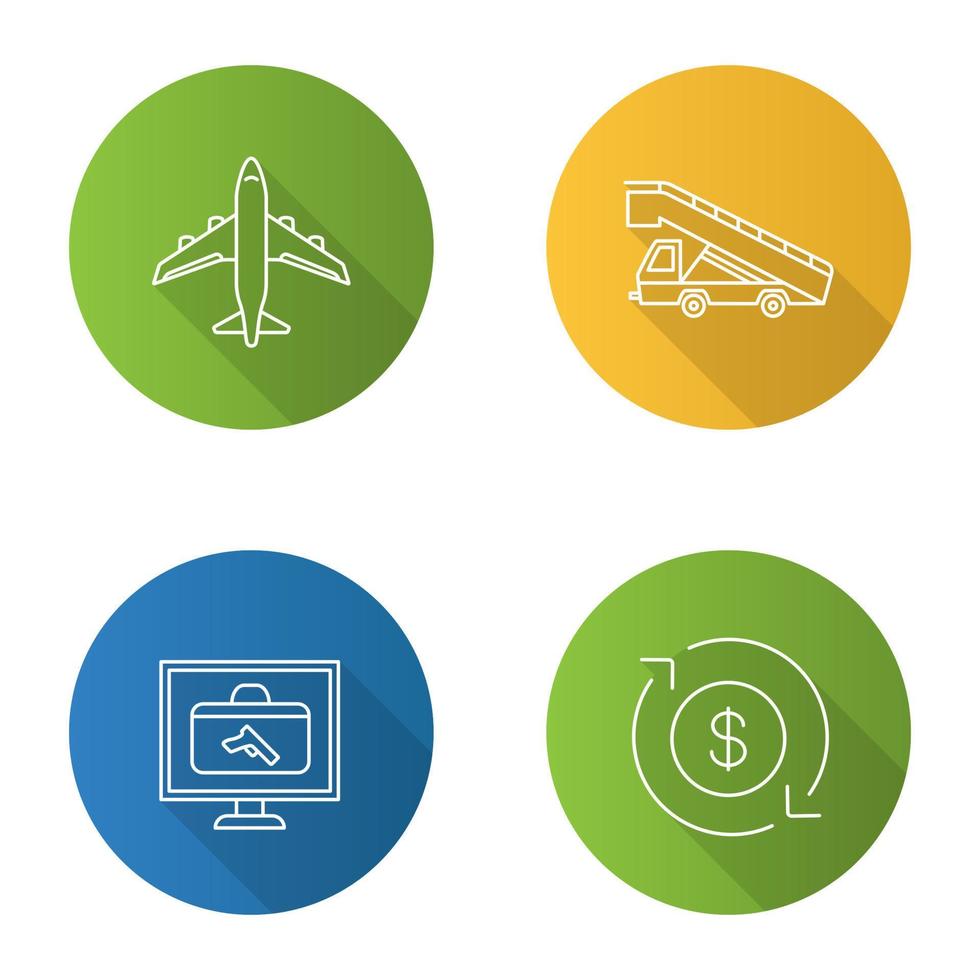 servizio aeroportuale piatto lineare lunga ombra set di icone. aereo, autoscala, scanner bagagli, cambio valuta dollaro. illustrazione del contorno vettoriale