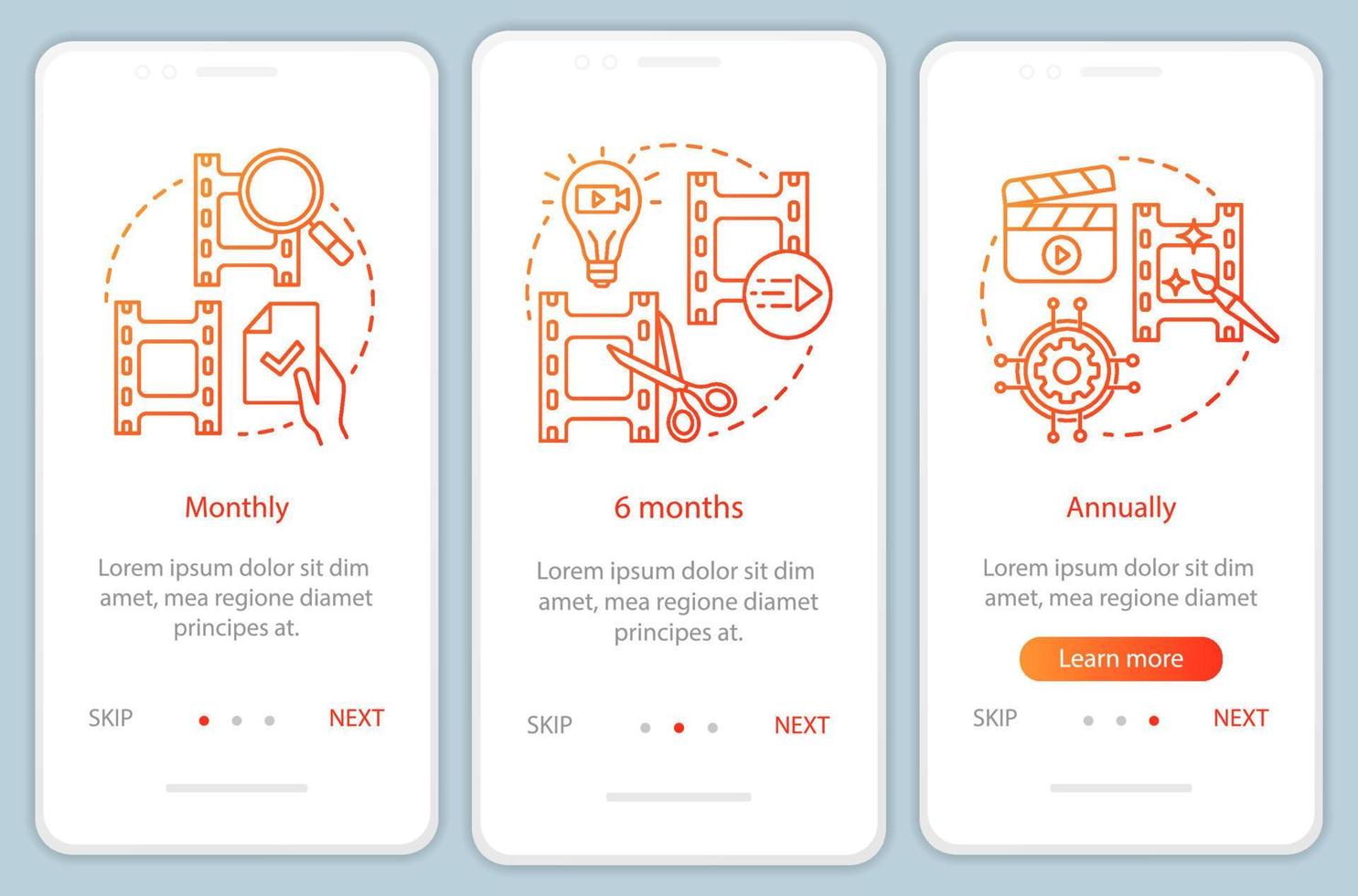 abbonamento all'editor video onboarding della schermata della pagina dell'app mobile con concetti lineari. Tariffe 6 mesi. istruzioni grafiche in tre passaggi. ux, ui, modello vettoriale gui con illustrazioni