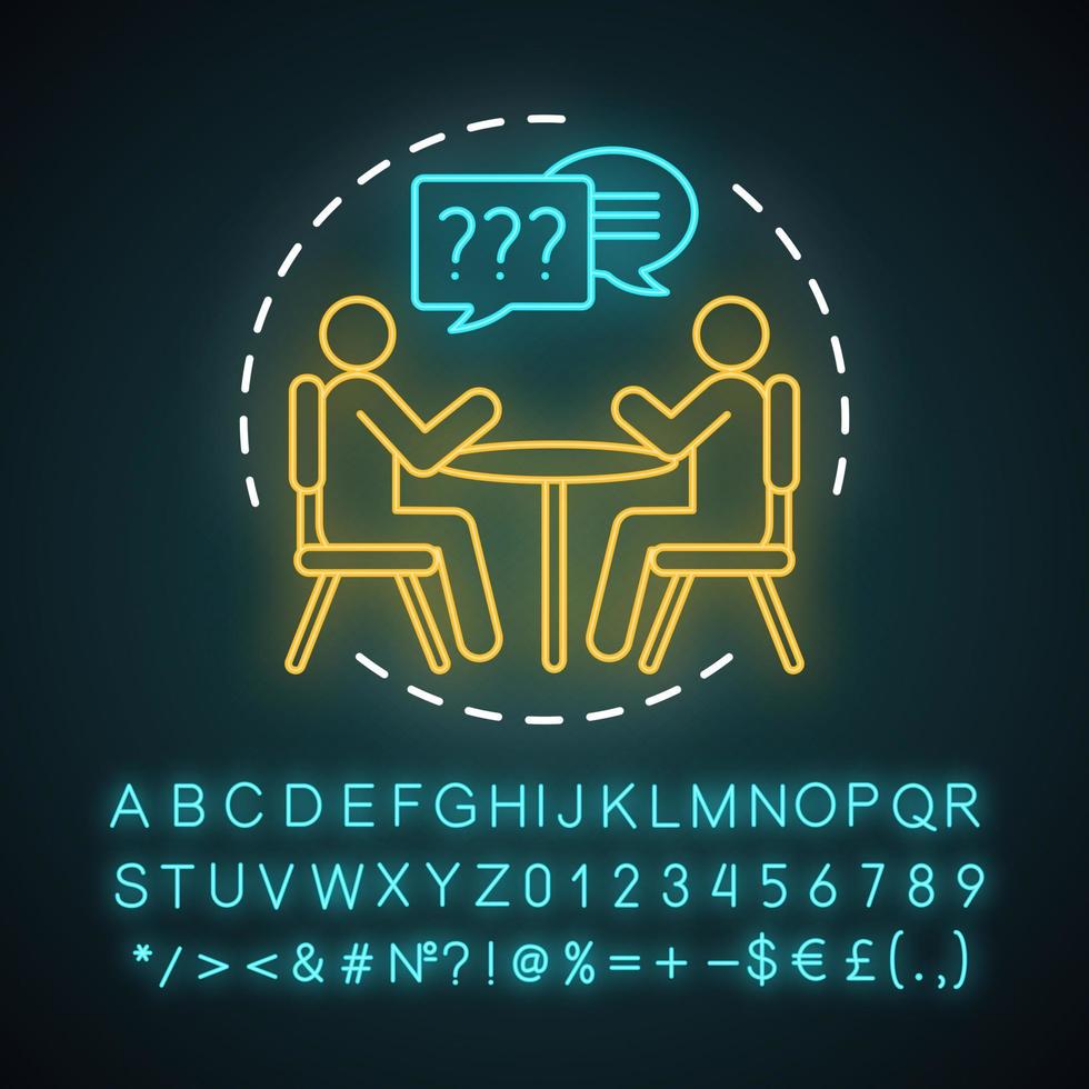 andare per l'intervista icona del concetto di luce al neon. colloquio di lavoro. caccia alle teste. assunzione di personale. impiego, reclutamento. idea di gestione delle risorse umane. alfabeto luminoso, numeri, simboli. illustrazione vettoriale isolato