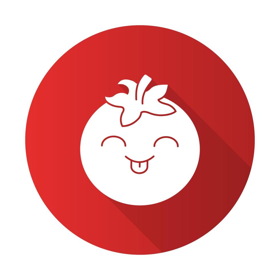 pomodoro carino kawaii design piatto lunga ombra glifo personaggio. verdura felice con la faccia sorridente e la lingua sporgente. cibo che ride. emoji divertenti, emoticon, sorriso. illustrazione della siluetta isolata di vettore