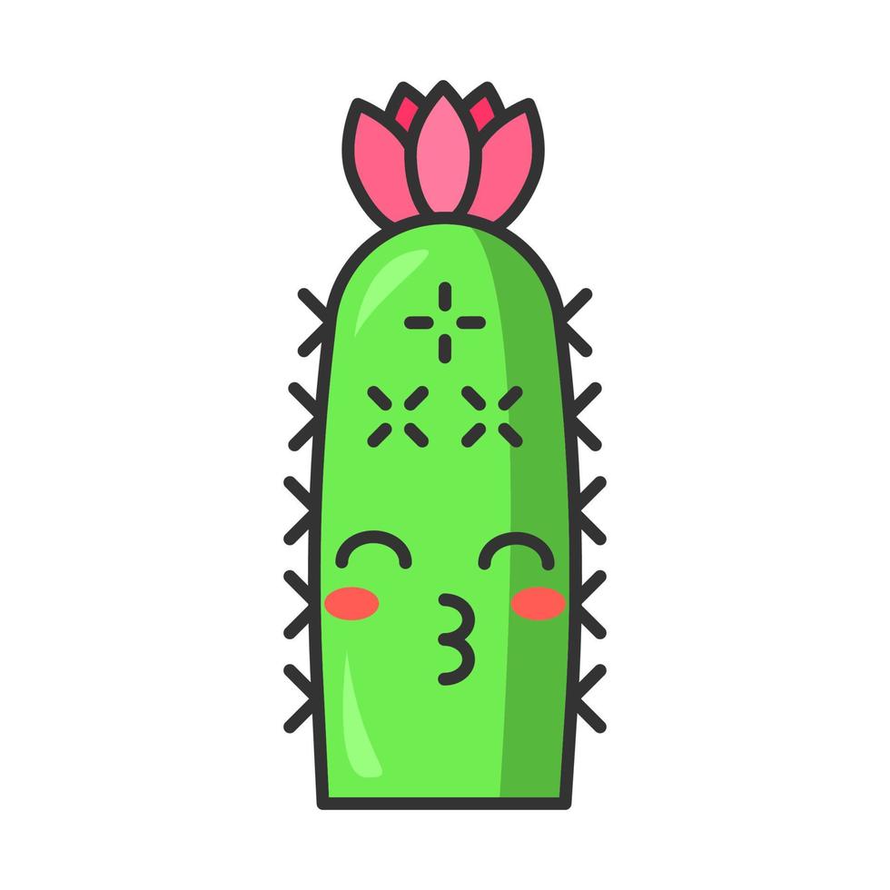 riccio cactus carino kawaii carattere vettoriale. cactus con la faccia che si bacia. echinopsis con occhi sorridenti e fiore. cactus selvatici. pianta irrigata. emoji divertenti, emoticon. illustrazione a colori del fumetto isolato vettore