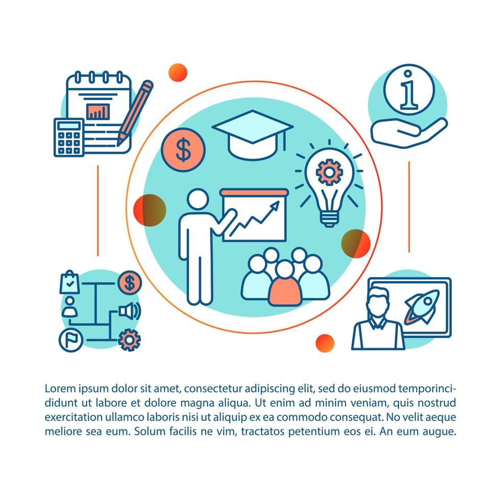 modello vettoriale della pagina dell'articolo di formazione di avvio. educazione economica. brochure, rivista, elemento di design opuscolo con icone lineari e caselle di testo. disegno di stampa. illustrazioni concettuali con spazio di testo