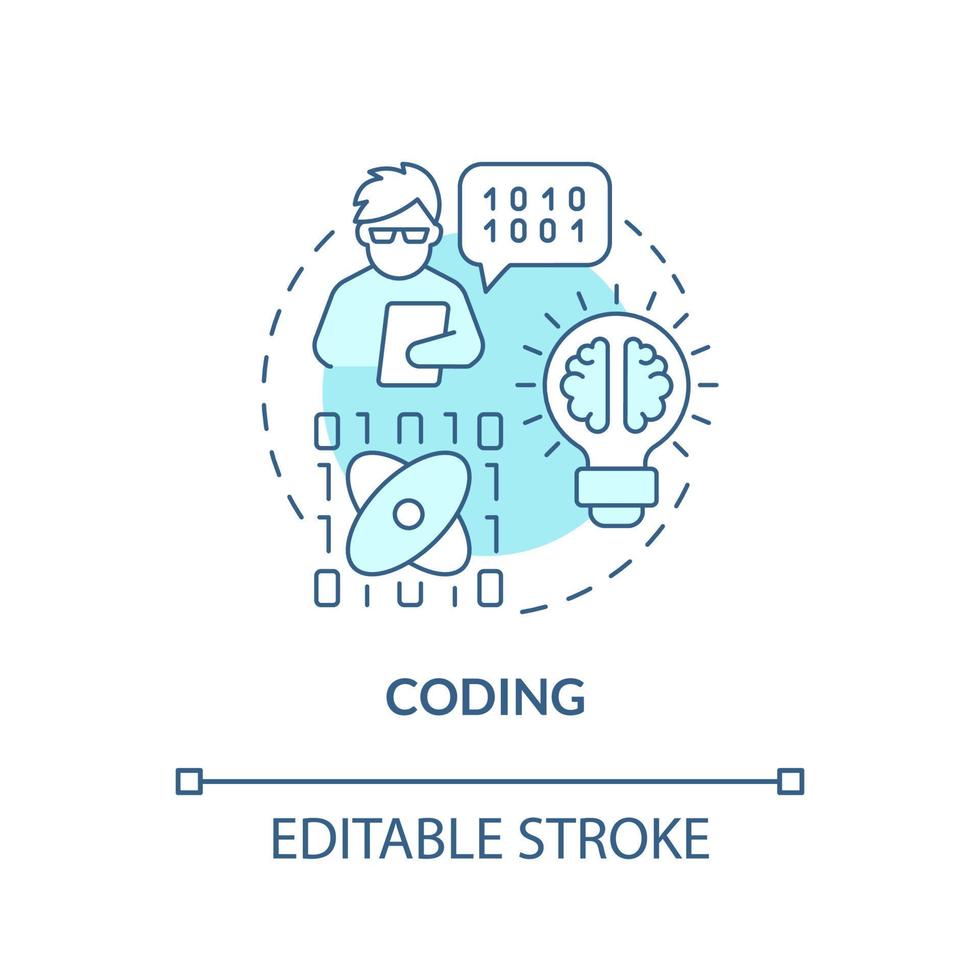 codifica dell'icona del concetto turchese. linguaggio di programmazione per computer. principali abilità digitali idea astratta linea sottile illustrazione. disegno di contorno isolato. tratto modificabile vettore