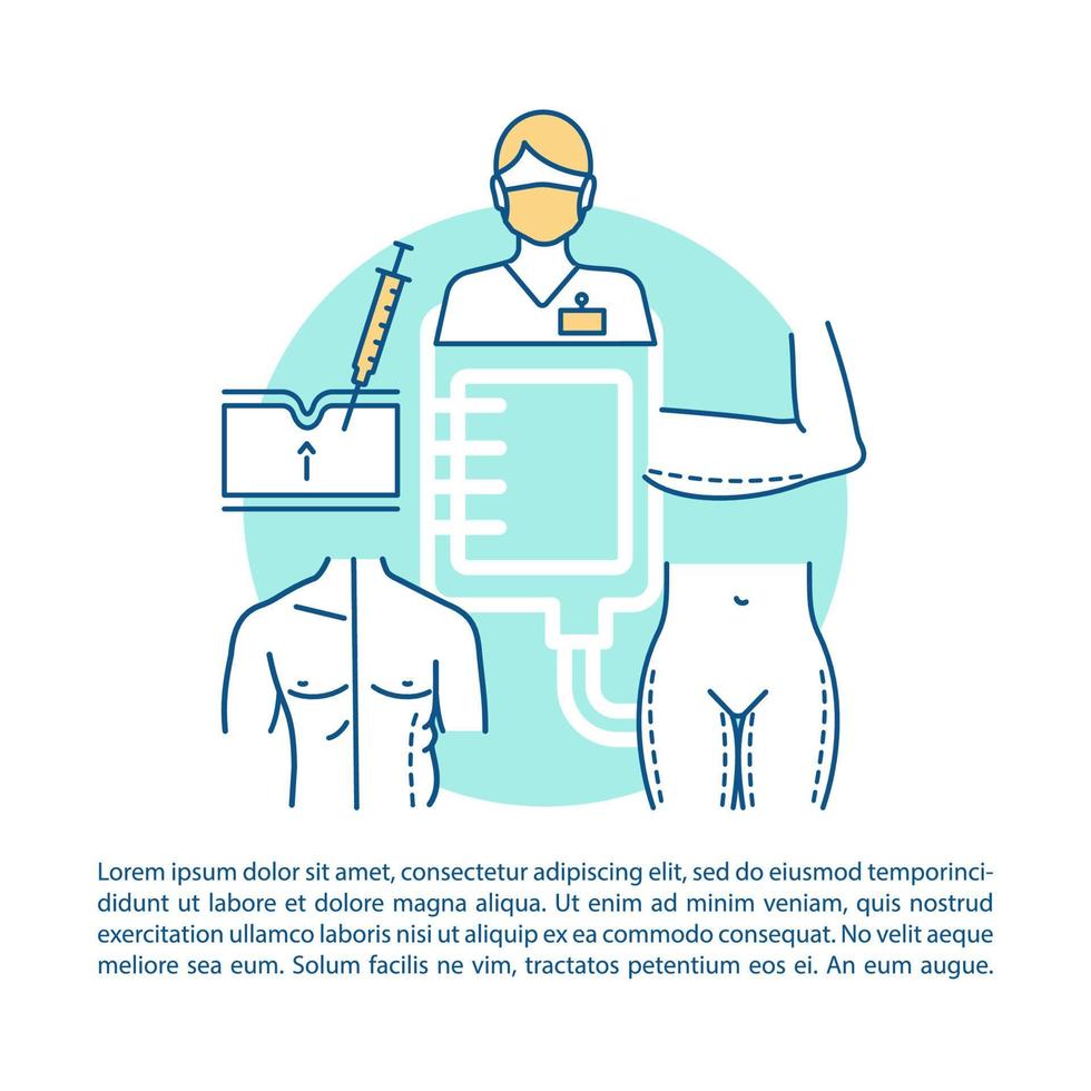 modello vettoriale della pagina dell'articolo delle procedure del centro di chirurgia plastica. brochure, rivista, elemento di design opuscolo con icone lineari e caselle di testo. disegno di stampa. illustrazioni concettuali con spazio di testo