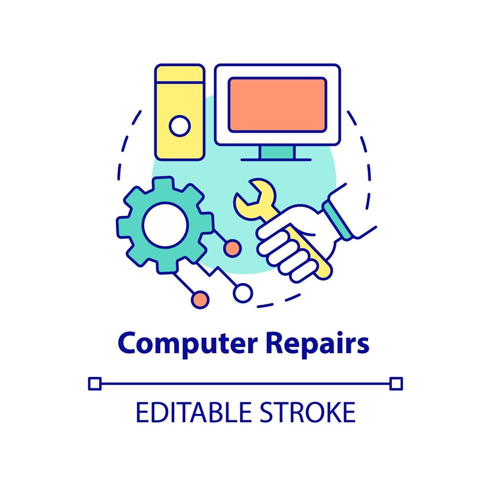 icona del concetto di riparazioni del computer. risolvere e risolvere il problema. tipo di servizi illustrazione al tratto sottile dell'idea astratta. disegno di contorno isolato. tratto modificabile vettore